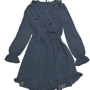H&M Dress XS S 4 Black Long Sleeve Sheer Ruffled Wrap Front LBD Sexy